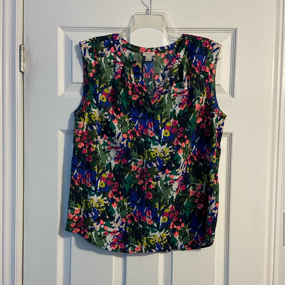 J. Crew Women’s Multicolour Abstract Floral Sleeveless Split Neck Blouse Size 10